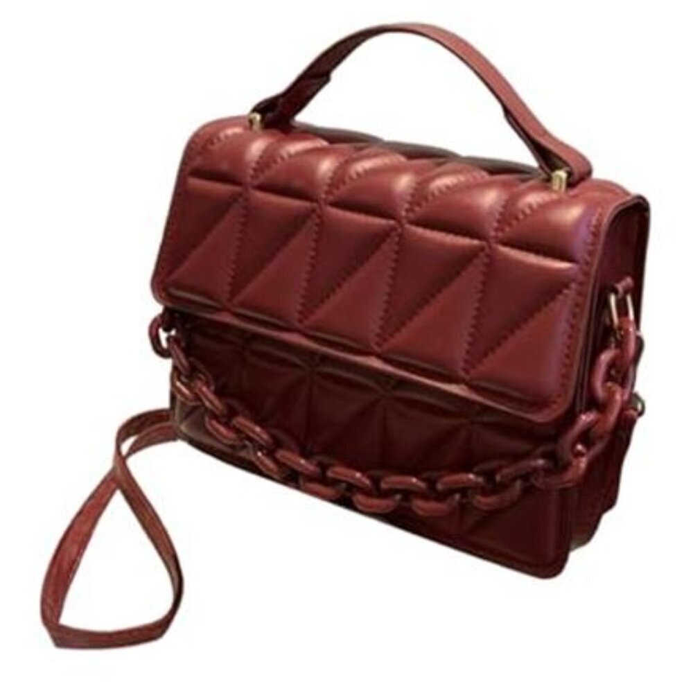 Quilted Dark Red Vegan Leather Square Crossbody Bag Mini Satchel Handbags